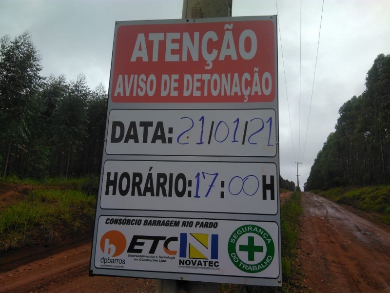 Detonações para escavação na barragem do Rio Pardo começam na próxima quinta, 21