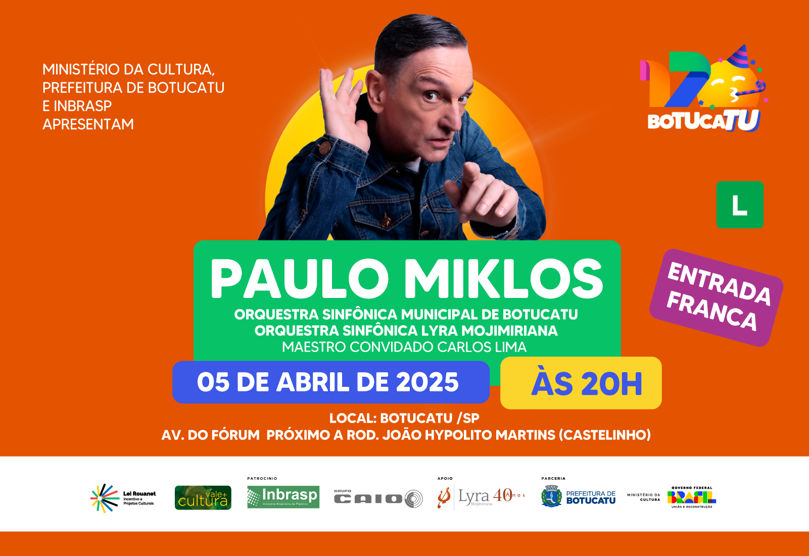 Botucatu 170 Anos: Paulo Miklos e Orquestras abrem as grandes atrações do aniversário